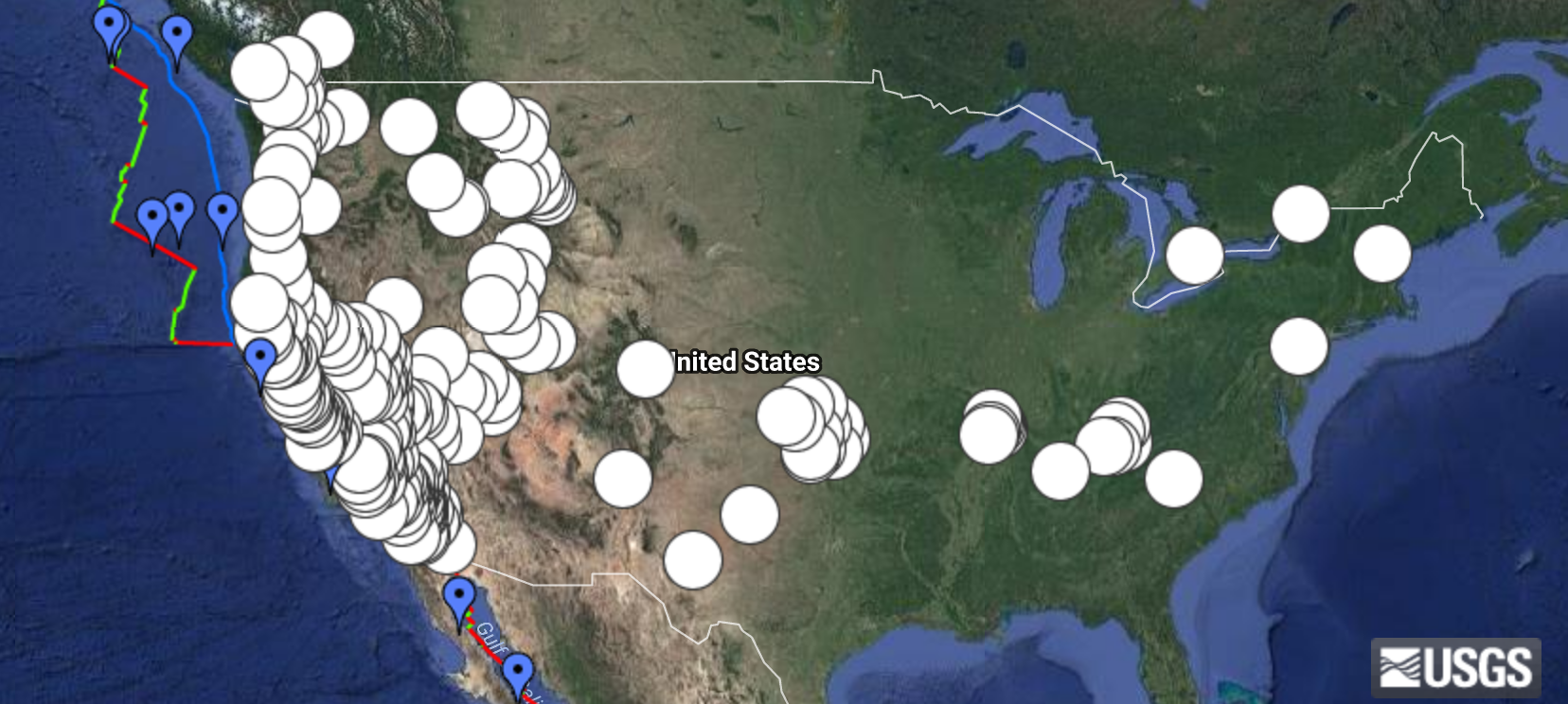 screenshot of USGS earthquake data around the United States