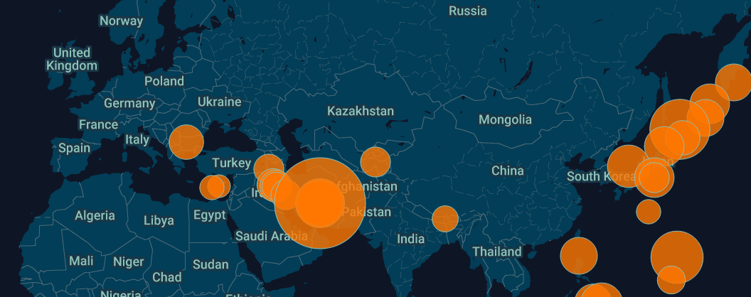 screenshot of live earthquaqe data around Europe and Asia