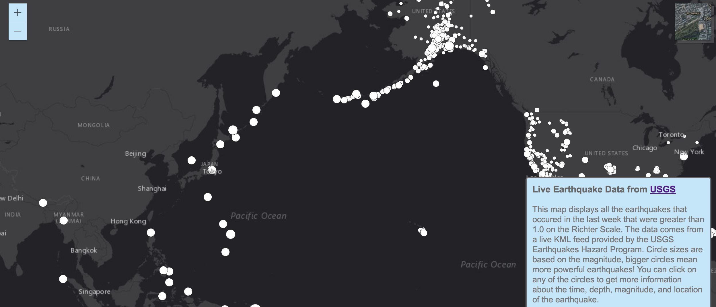 Thumbnail of a dark colored map of the Pacific Ocean, with circles representing earthquakes from the last week