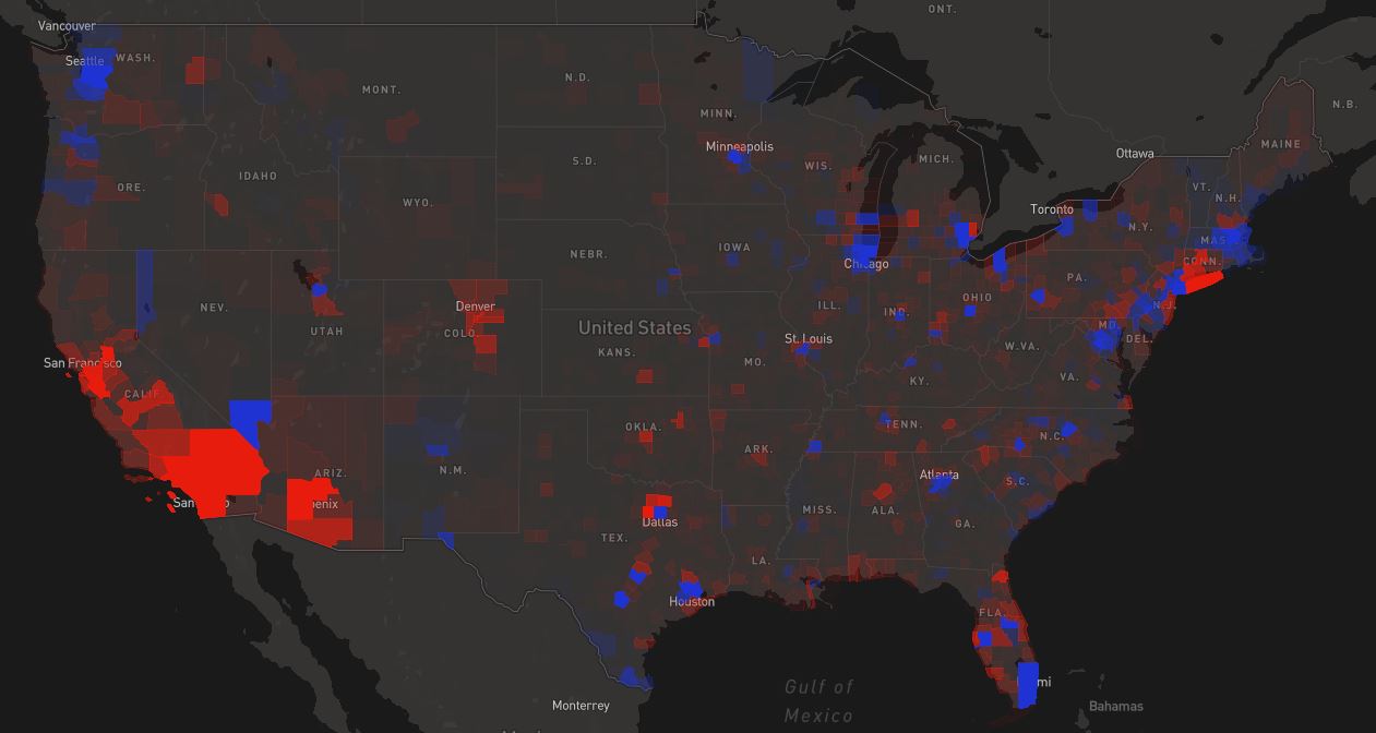 dark background map with election results by county