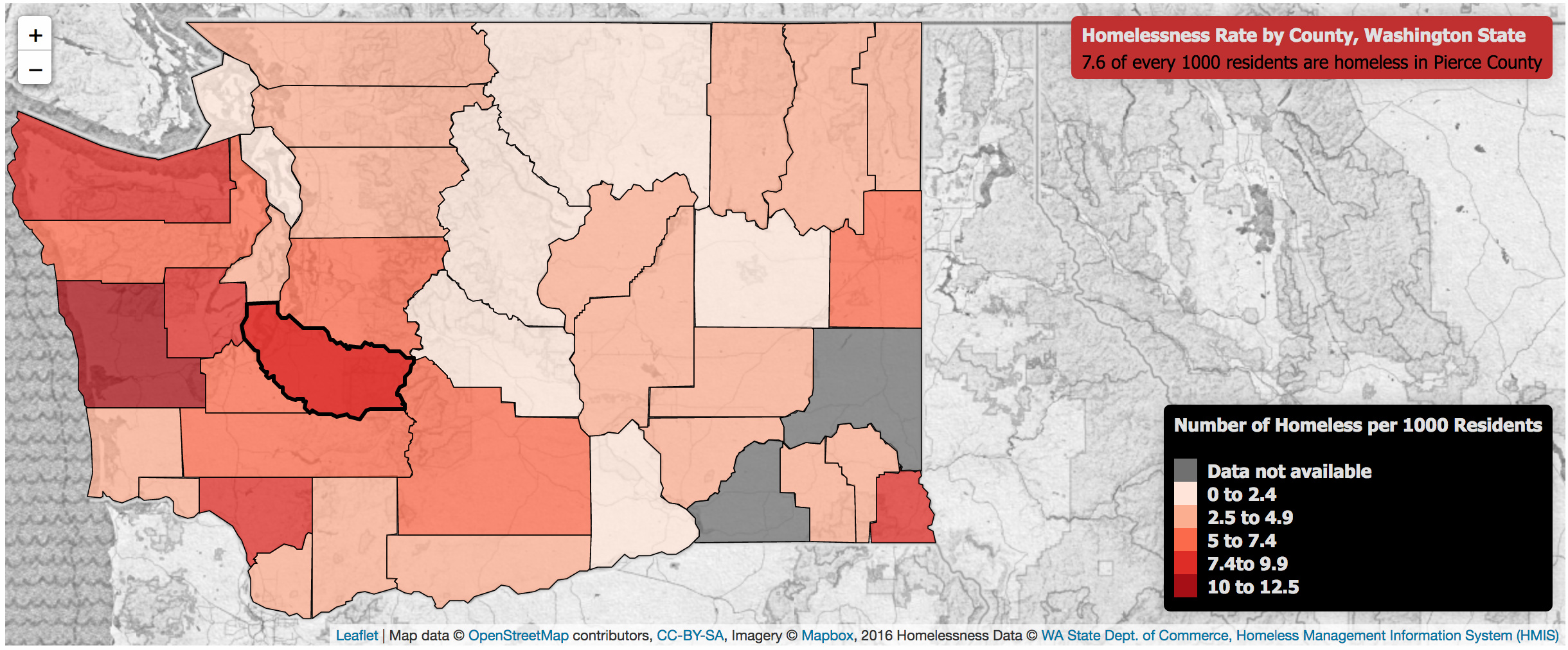 light colored map background with counties colored by density of homelessness